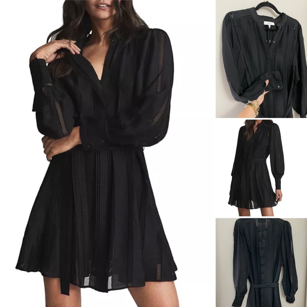 Reiss Black Sheer Long Sleeve Dress